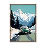 Porsche 356 Alpine Road Retro Wall Art – Green Sports Car in Snow
