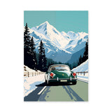 Porsche 356 Alpine Road Retro Wall Art – Green Sports Car in Snow