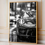 Porsche 911 Modern Wall Art – Black and White Rainy City Street