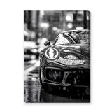 Porsche 911 Modern Wall Art – Black and White Rainy City Street