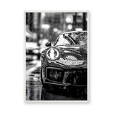 Porsche 911 Modern Wall Art – Black and White Rainy City Street