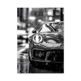 Porsche 911 Modern Wall Art – Black and White Rainy City Street