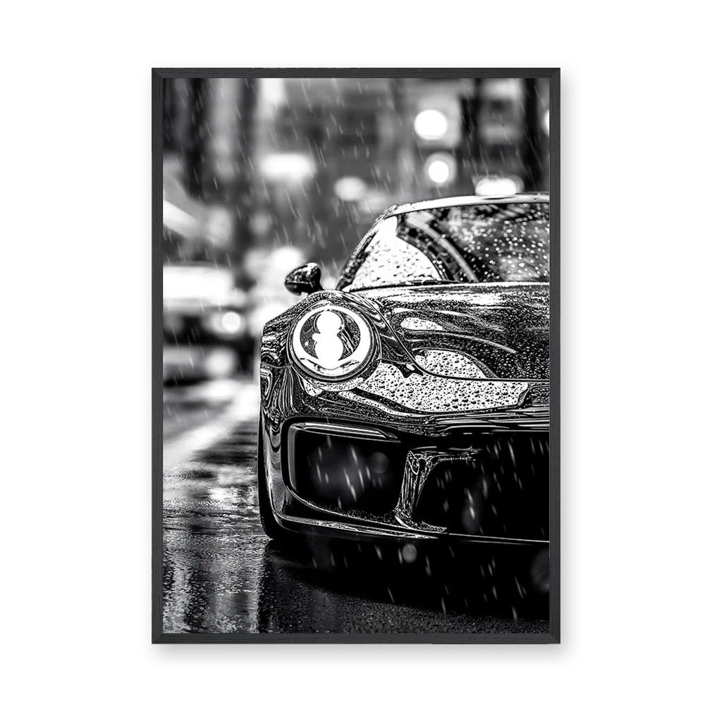 Porsche 911 Modern Wall Art – Black and White Rainy City Street