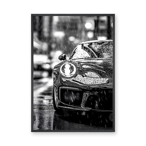 Porsche 911 Modern Wall Art – Black and White Rainy City Street