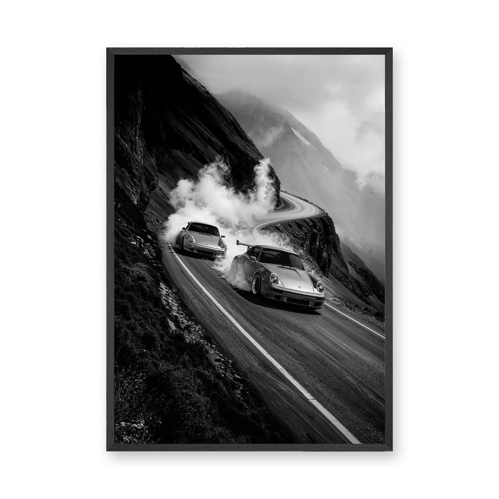 Porsche 911 Vintage Wall Art – Black-and-White Mountain Drive