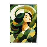 Portrait Abstract Geometric Wall Art – Serene Green Woman Print