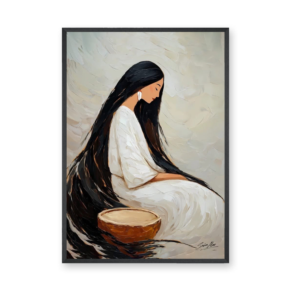Portrait Boho Wall Art – Seated Woman With Long Black Hair