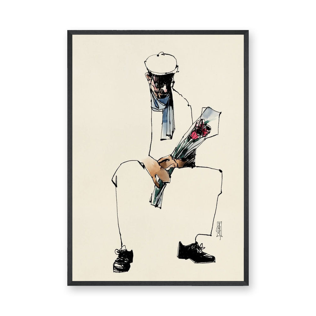 Portrait Line Art Wall Art – Seated Man Holding Bouquet Sketch