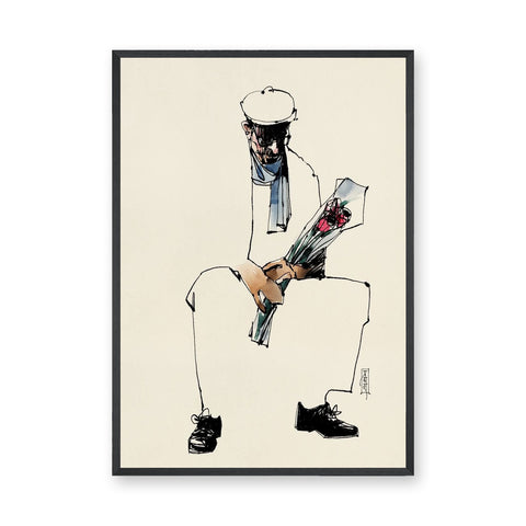 Portrait Line Art Wall Art – Seated Man Holding Bouquet Sketch