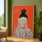 Portrait Modern Abstract Wall Art – Woman Reading Book in Orange