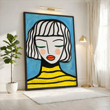 Portrait Modern Line-Art Wall Art – Girl in Stripes on Blue