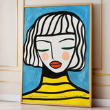 Portrait Modern Line-Art Wall Art – Girl in Stripes on Blue