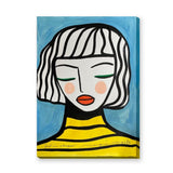Portrait Modern Line-Art Wall Art – Girl in Stripes on Blue