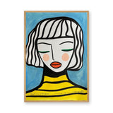 Portrait Modern Line-Art Wall Art – Girl in Stripes on Blue