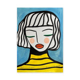 Portrait Modern Line-Art Wall Art – Girl in Stripes on Blue