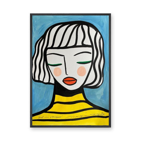 Portrait Modern Line-Art Wall Art – Girl in Stripes on Blue