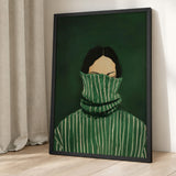 Portrait Modern Wall Art – Green Striped High-Collar Woman Print