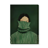 Portrait Modern Wall Art – Green Striped High-Collar Woman Print