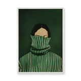 Portrait Modern Wall Art – Green Striped High-Collar Woman Print