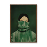 Portrait Modern Wall Art – Green Striped High-Collar Woman Print