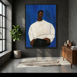 Portrait Modern Wall Art – Man in White Sweater on Deep Blue