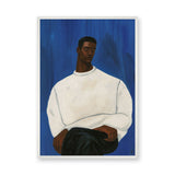 Portrait Modern Wall Art – Man in White Sweater on Deep Blue