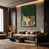 Portrait Modern Wall Art – Woman Lounging on Green Striped Chair