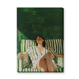 Portrait Modern Wall Art – Woman Lounging on Green Striped Chair