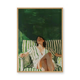 Portrait Modern Wall Art – Woman Lounging on Green Striped Chair