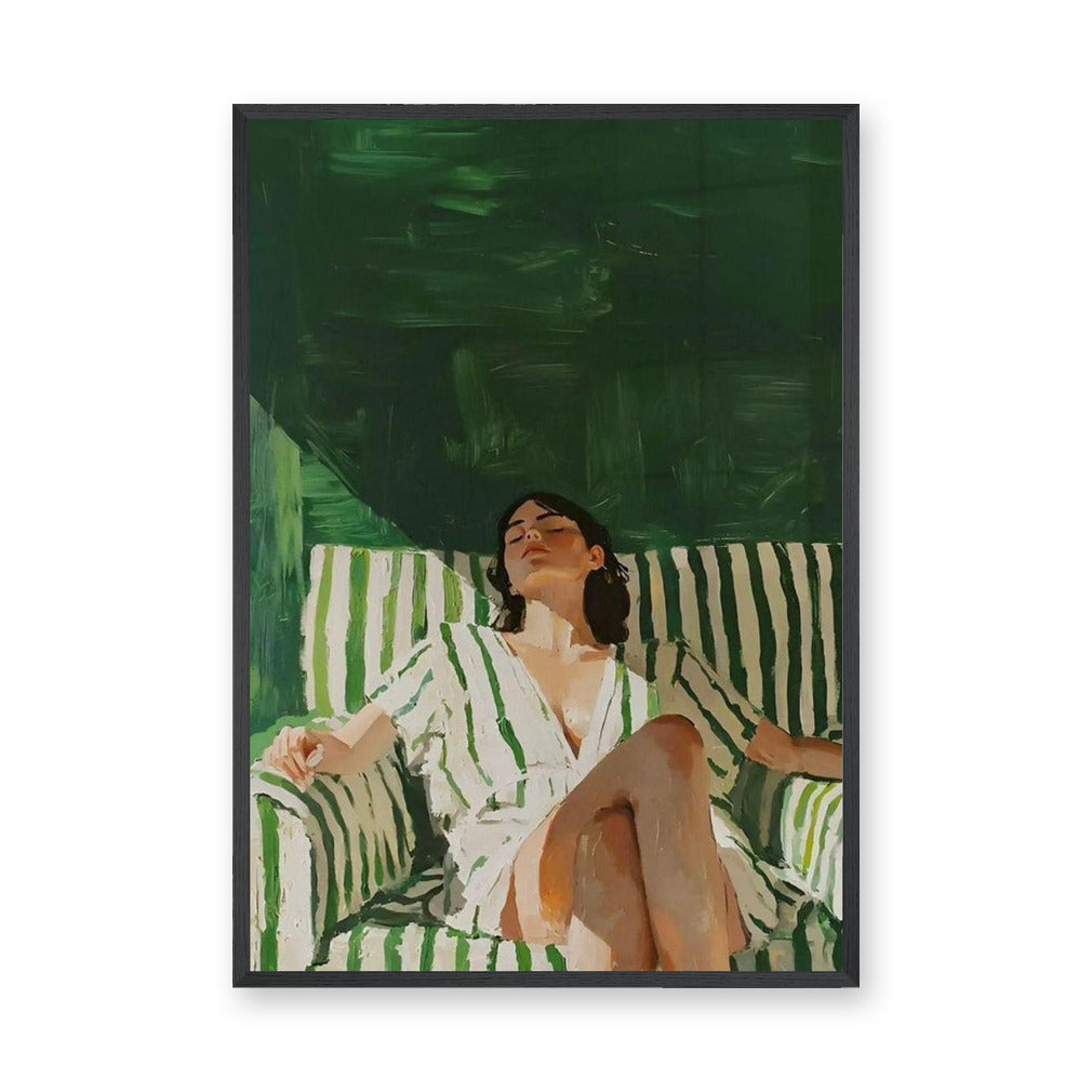 Portrait Modern Wall Art – Woman Lounging on Green Striped Chair