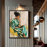 Portrait Modern Wall Art – Woman Reading in Green Striped Dress