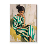 Portrait Modern Wall Art – Woman Reading in Green Striped Dress