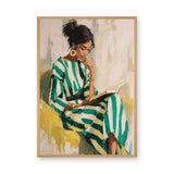 Portrait Modern Wall Art – Woman Reading in Green Striped Dress
