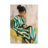 Portrait Modern Wall Art – Woman Reading in Green Striped Dress