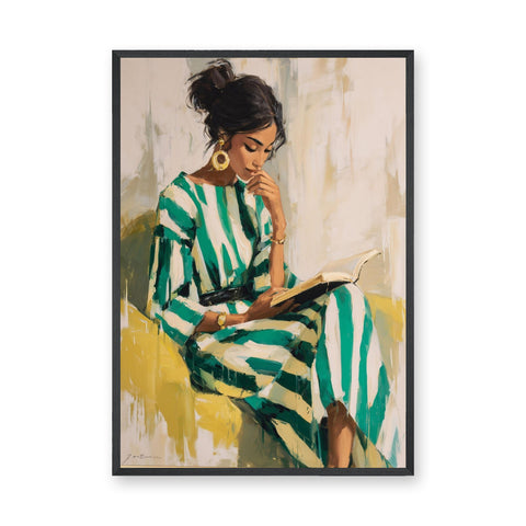 Portrait Modern Wall Art – Woman Reading in Green Striped Dress