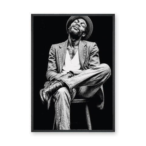 Portrait Photography Modern Wall Art – Black and White Seated Hat Figure