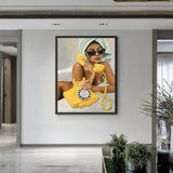 Portrait Retro Wall Art – Woman on a Yellow Rotary Phone
