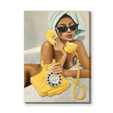 Portrait Retro Wall Art – Woman on a Yellow Rotary Phone