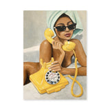 Portrait Retro Wall Art – Woman on a Yellow Rotary Phone