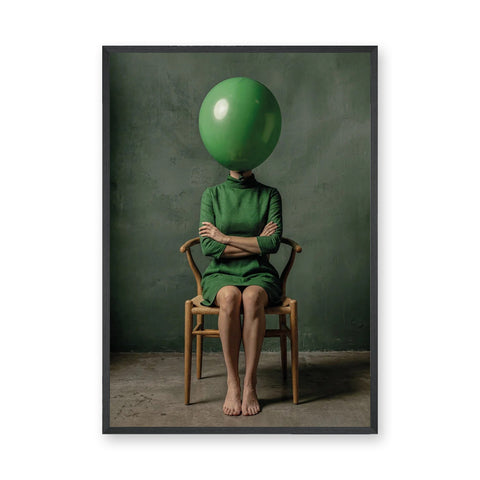 Portrait Surreal Modern Wall Art – Green Balloon Head Woman