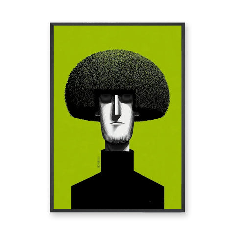 Portrait Surreal Wall Art – Mushroom Hair on Bright Green