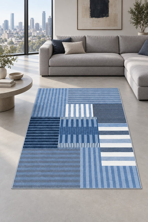 Printed Modern Area Rug – Blue in a living room