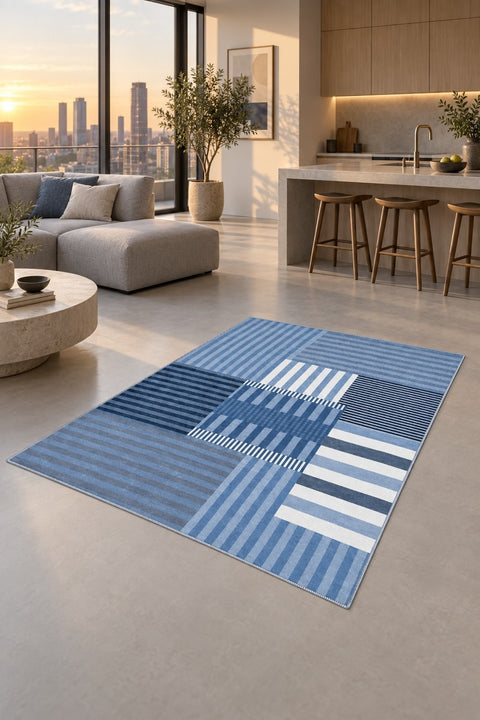 Printed Modern Area Rug – Blue in a kitchen