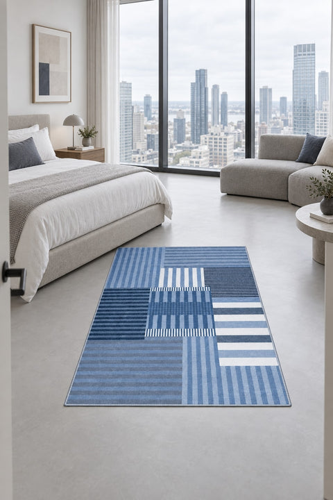 Printed Modern Area Rug – Blue in a bedroom