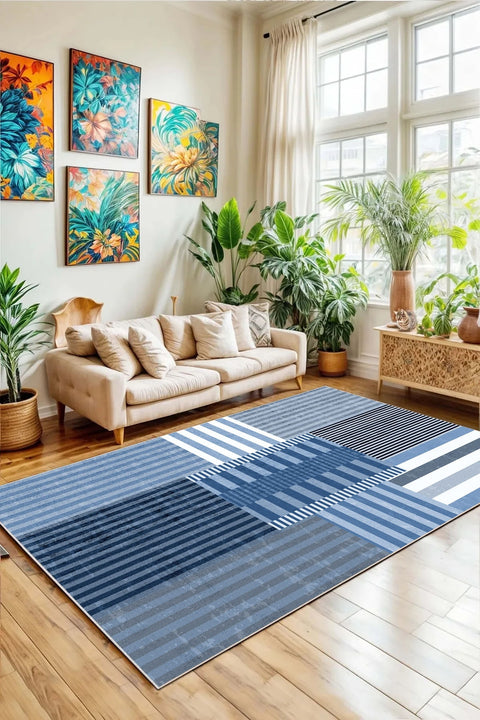 Printed Modern Area Rug – Blue in a living room