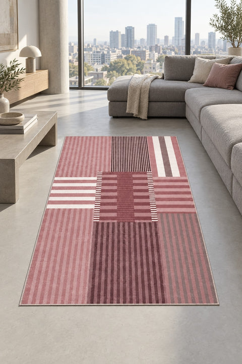 Printed Modern Area Rug – Blush in a living room