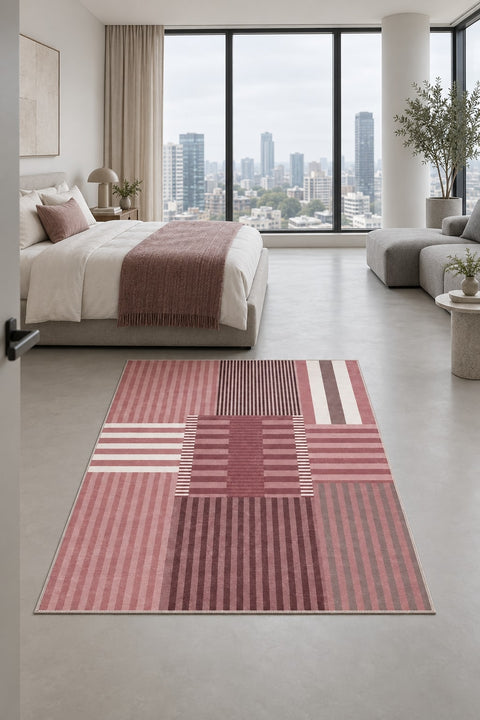 Printed Modern Area Rug – Blush in a bedroom