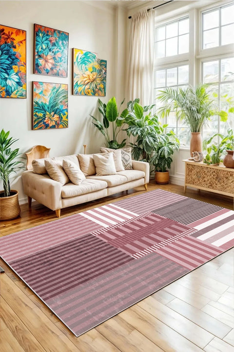 Printed Modern Area Rug – Blush in a living room
