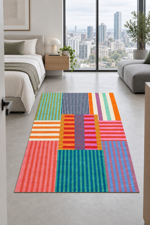 Printed Modern Area Rug – Multicolor in a bedroom