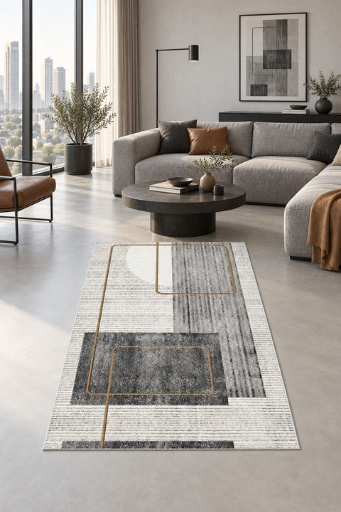 Printed Modern Area Rug – White & Gray in a living room